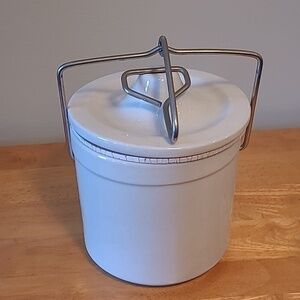 VINTAGE Cylindrical Stoneware Cheese Crock with Lid and Metal Wire Bail Closure